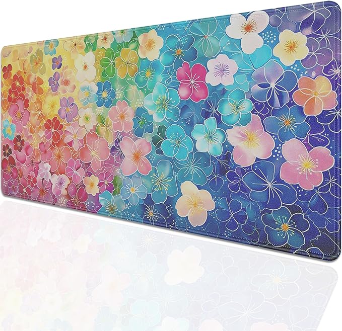 Colorful Floral Large Mouse Pad Desk Pad, 27.5x11.8in Vibrant Rainbow Flower Extended Keyboard Mousepad with Stitched Edges, Non-Slip Waterproof Rubber Base for Office, Computer, Laptop & Home