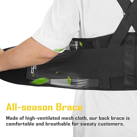 COOLJOB Expert Back Brace for Lower Back Pain Relief, Powerful Lumbar Support with 3D Foam Pad and Elastic Shoulder Strap, Breathable Adjustable Support Belt for Men Women, Black, XL for Waist 48-58"