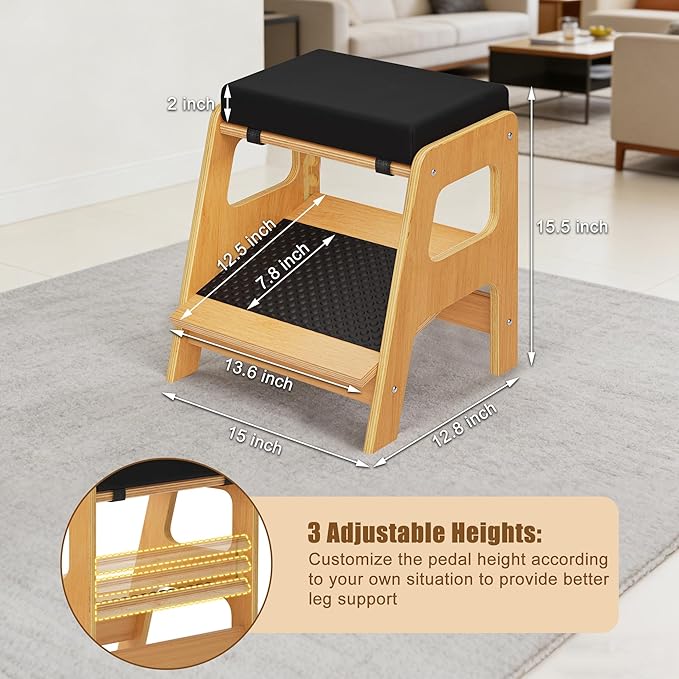 Adjustable Wooden Foot Rest, Double Step Footstool with 3 Height Levels, Cushioned Top & Non-Slip Base, Ergonomic Under Desk Leg Rest for Office Home