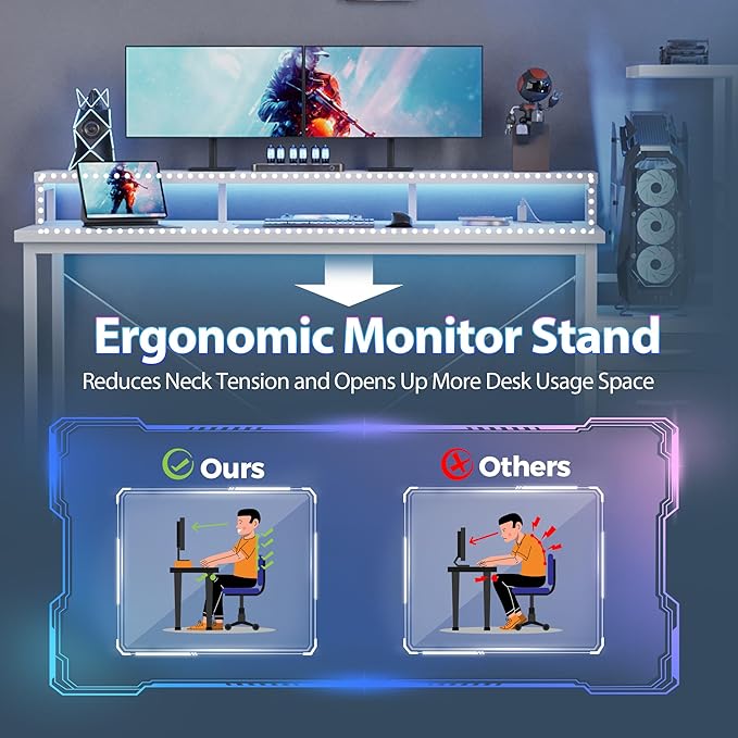Mericonia 60 inch Gaming Desk with LED Lights & Power Outlets, Reversible Computer Desk with Storage Drawers & Monitor Stand, Large Gaming Table for Home Office