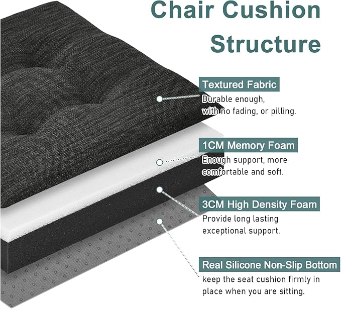 baibu 12 Inches Memory Foam Square Seat Cushion Set of 4, Dual-Layer Design Bar Stool Square Seat Cushion with Ties - 4 Pads Only, Gray-Black (12'' (30CM))