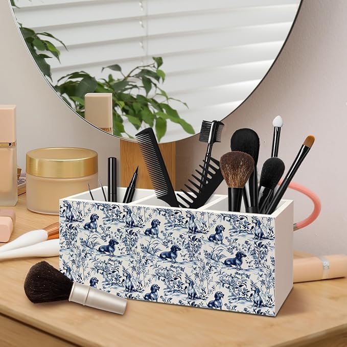 Chinoiserie Dachshund Pen Pencil Holder for Desk, Dachshund Lovers Gifts, Blue and White Wiener Dog Floral Botanical Decorative Sign for Home Office Desk Tabletop Decor
