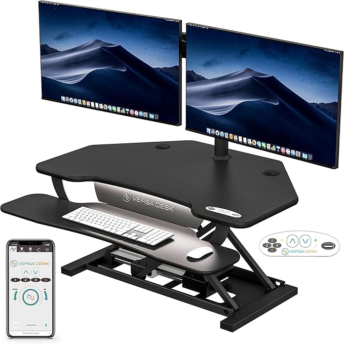 VERSADESK PowerPro Elite Smart Corner Standing Desk Converter - Adjustable Sit Stand Desk Riser with Keyboard Tray & USB C Ports - App Controlled Height Adjustment for Home or Office | Black (36" x