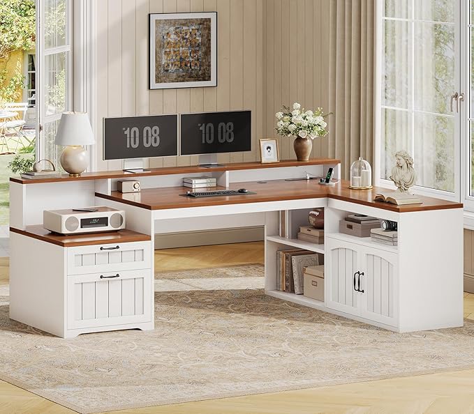 SEDETA Farmhouse L Shaped Desk with Drawers, 59" Office Desk with File Drawers, Wood Corner Computer Desk with Storage Cabinet, Home Office Desk with Monitor Stand & Power Outlets, Brown and White