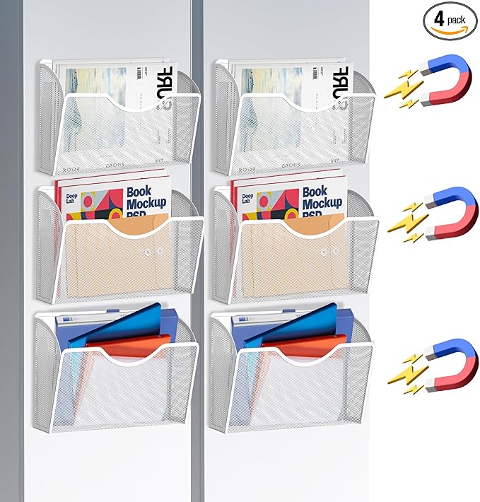 6PCS Magnetic File Holder - File Paper Mail Organizer, No Drilling Magazine Paper Document Holder, Hanging Magazine Rack for Refrigerator, White Metal Wire Mesh, 13.5 x 2 x 8.5 inches