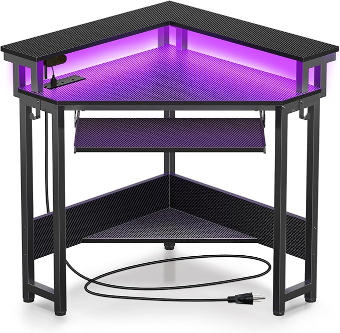 Rolanstar Corner Desk, 44.5" W x 34.5" H Carbon Fiber Computer Desk with Power Outlets, LED Lights and Keyboard Tray, Small Office Computer Desk with Monitor Stand for Small Space, Carbon Black