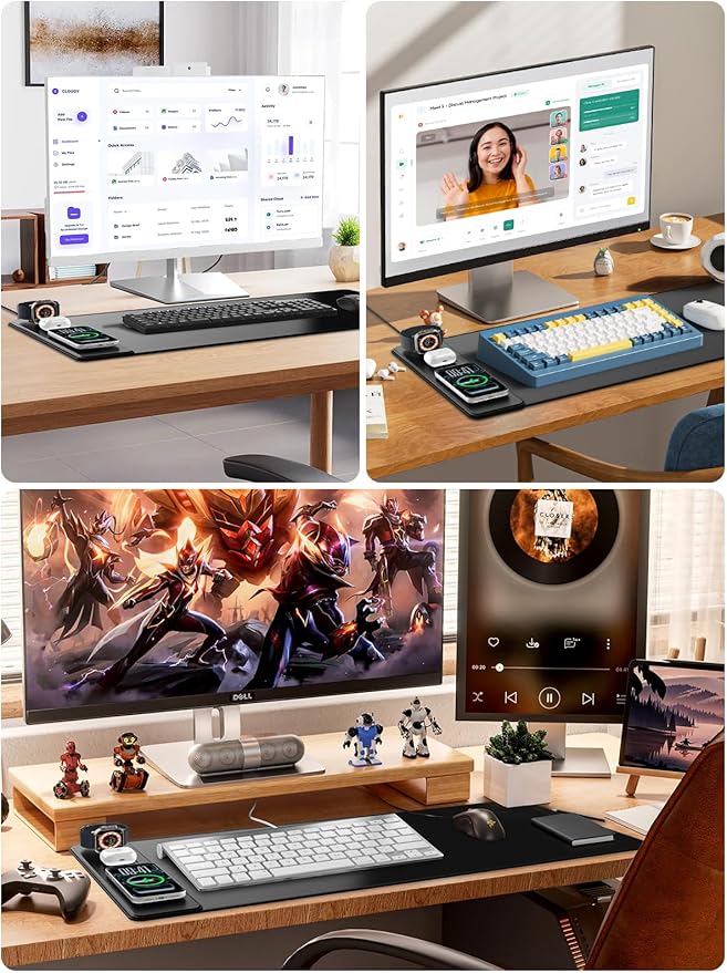 4-in-1 Mouse Pad with Wireless Charging for Phone/AirPods/Apple Watch, 31.5"x15.8" Large, Waterproof Smooth Surface, Non-Slip Base, with Adapter