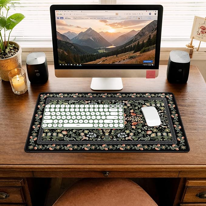 iCasso Aesthetic Flower Mouse pad for Laptop, Desk Pad Mat, Vintage Desk Matt for Desktop 13.7"x23.6", Anti-Slip Mousepad with Stitched Edges for Laptop Computer Keyboard(Black)