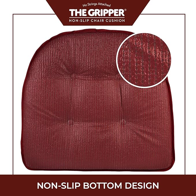 Klear Vu Omega Non-Slip Chair Cushions, Assembled in USA, U-Shaped Skid-Proof Seat Pads for Dining Room, Kitchen, Office, 15"x16", Solid Flame Red, 4 Pack