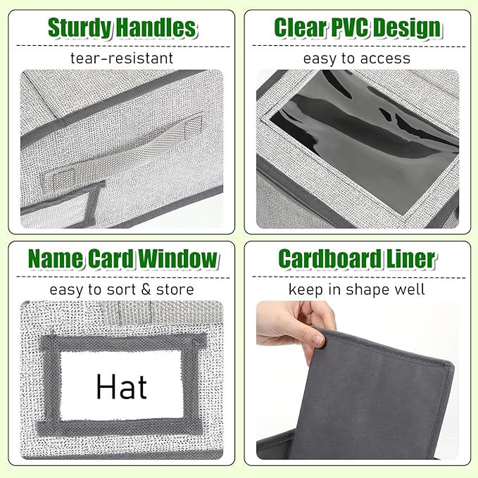 4 Pack Hat Organizer for Baseball Caps, Stackable Hat Storage Box with Clear Window Lid, Holds up to 56 Ball Cap Storage Organizer, Foldable Hat Box Holder for Closet Bedroom Shelf (Grey)