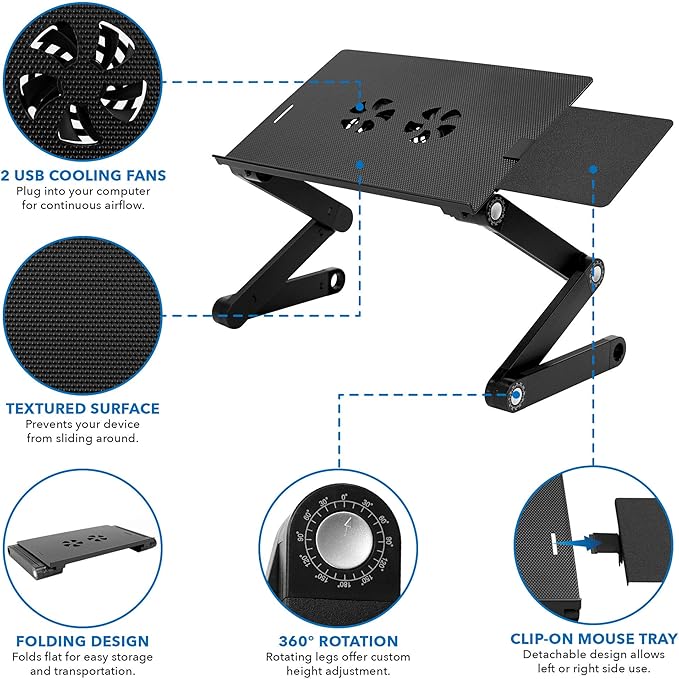 Mount-It! Adjustable Laptop Stand & Lap Desk with USB Cooling Fans, Large Aluminum Laptop Tray with Mouse Pad, Portable Sit-Stand Laptop Desk for Bed, Couch & Table