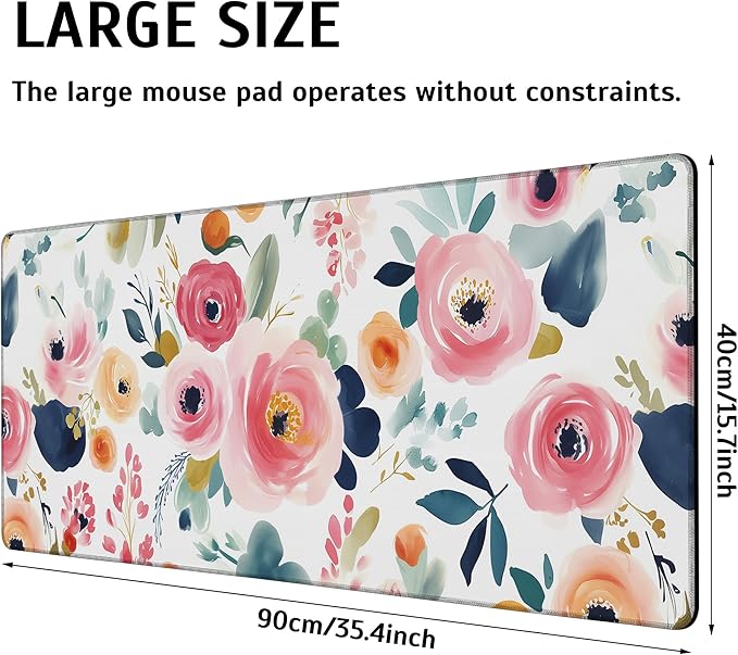 Watercolor Floral Mouse Pad,35.4 x 15.7 Inch Large Mouse Mat Non-Slip Rubber Stitched Edges for Writing Desk,Office,Home,Laptop