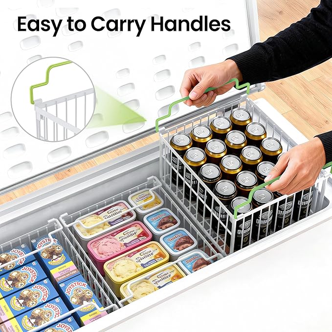 MSERCUOR Freezer Organizer Bins, 3 Pack Big Stackable Deep Chest Freezer Organizer Bins, Foldable Baskets with Handles, White Storage Container Baskets for 5 to 9 Cu.FT Deep Freezer Sort Frozen Meats