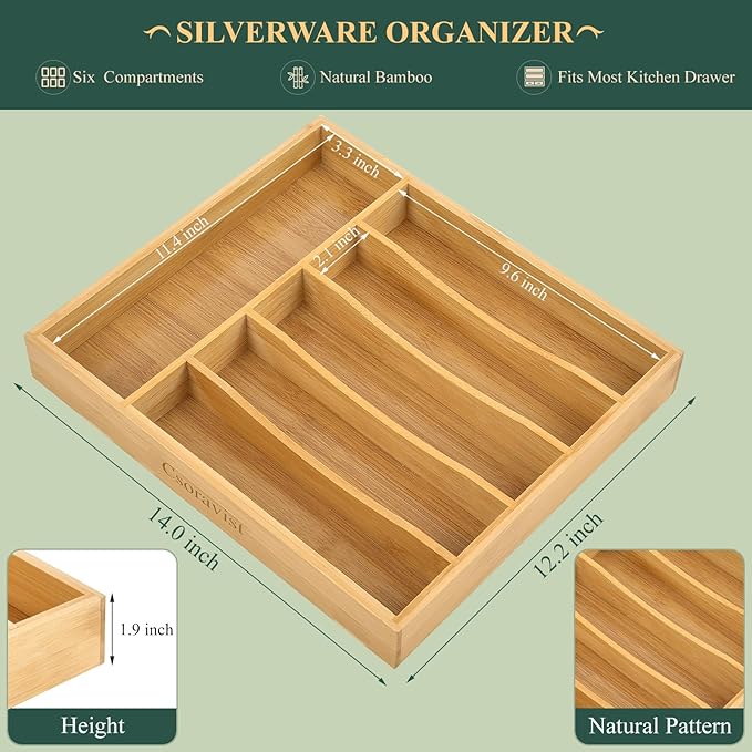 49-Piece Silverware Set with Bamboo Drawer Organizer, Heavy-Duty Stainless Steel Flatware Set for 8, Cutlery Sets with Steak Knives, Mirror Polished & Rust-Proof,Dishwasher Safe