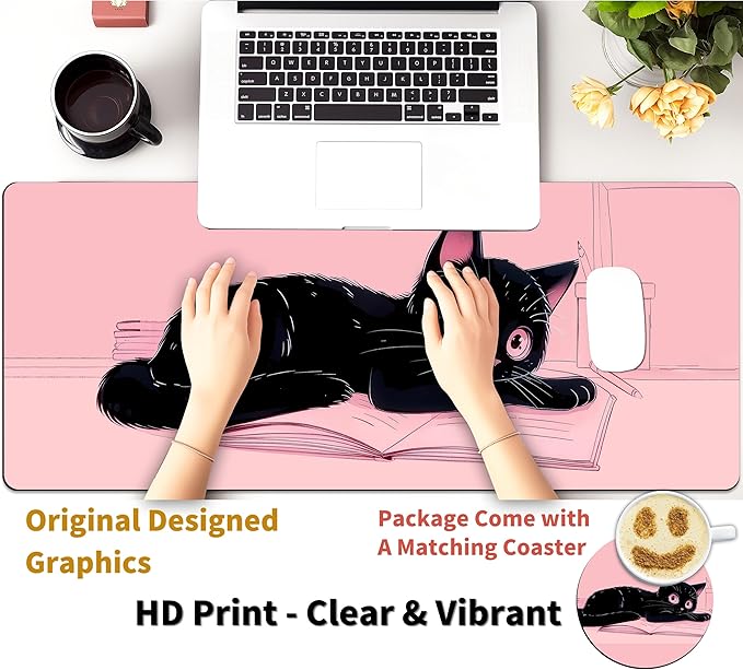 Extended Mouse Pad with Coaster 31.5 x 11.8 Desk Pad Full Desk Mousepad Stitched Edges Desk Mat Long Large Gaming Mouse Pad for Desk Office Home Cat Pink