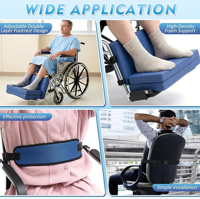 Novabright 2 Pcs Adjustable Footrest High Density Foam Leg Rest with Chair Seatbelt PU Waterproof Leather Foot Support Elevating Pads, Footplates and Heel Loops BlueLeg Cushion Protector for Home