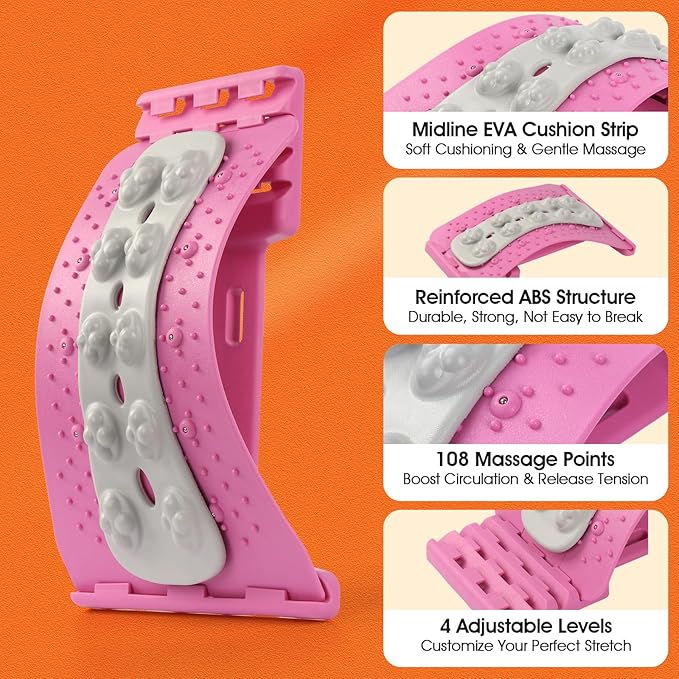 Premium Back Stretcher for Lower Back Pain Relief – 4-Level Adjustable Lumbar Support Board with Soft EVA Massage Strip – Durable & Portable Back Cracker to Release Tension and Reset Your Day (Pink)