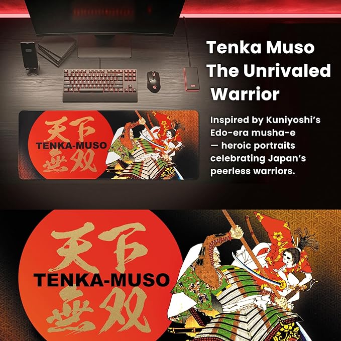 BELLEMOND Japanese Art Desk Mat | Large 31.5x11.8in Anime Mouse Pad for Keyboard & Mouse | Non-Slip Base, Water-Repellent | Original Japanese Design | Tenka Muso - The Unrivaled Warrior