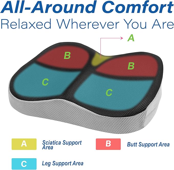 Car Seat Cushion, Ergonomic Memory Foam Car Cushion for Sciatica Pain Relief, Larger Driving Seat Pillow for Short Drivers on Long Drives - Butt Pillow for Truck, Office, Wheelchair - Large Black