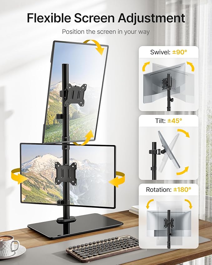 monTEK Vertical Dual Monitor Stand with Sleek Glass Base for 17-32 inch Screens, Free-Standing Dual Monitor Mount Holds 22 lbs per Arm, Fully Motion Height Adjustable, VESA 75/100 MM