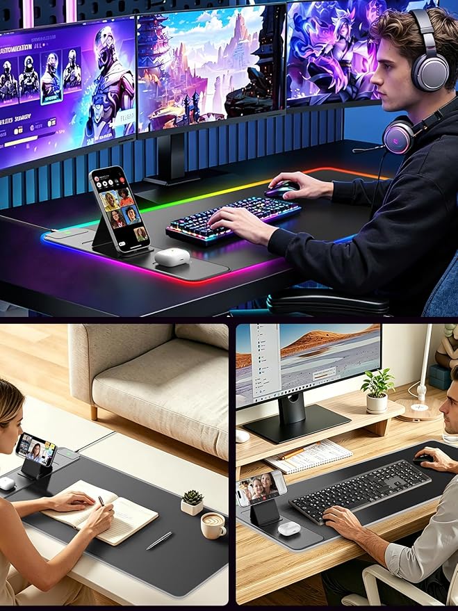 4-in-1 RGB Gaming Mouse Pad with Magnetic Wireless Charging & Phone Stand, 31.5"x15.8" Large, 24 Light Effects, Non-Slip Base, Waterproof Ultra-Smooth Surface, No Adatper
