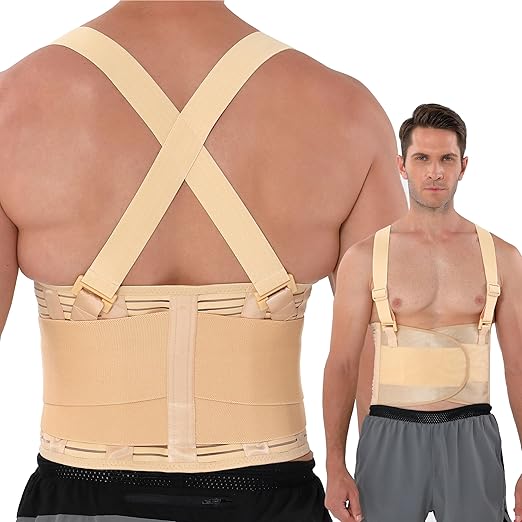NeoTech Care Back Brace with Suspenders for Work - Industrial Lifting Safety, Elastic Compression, Hook & Loop Closure (Beige, Size S)