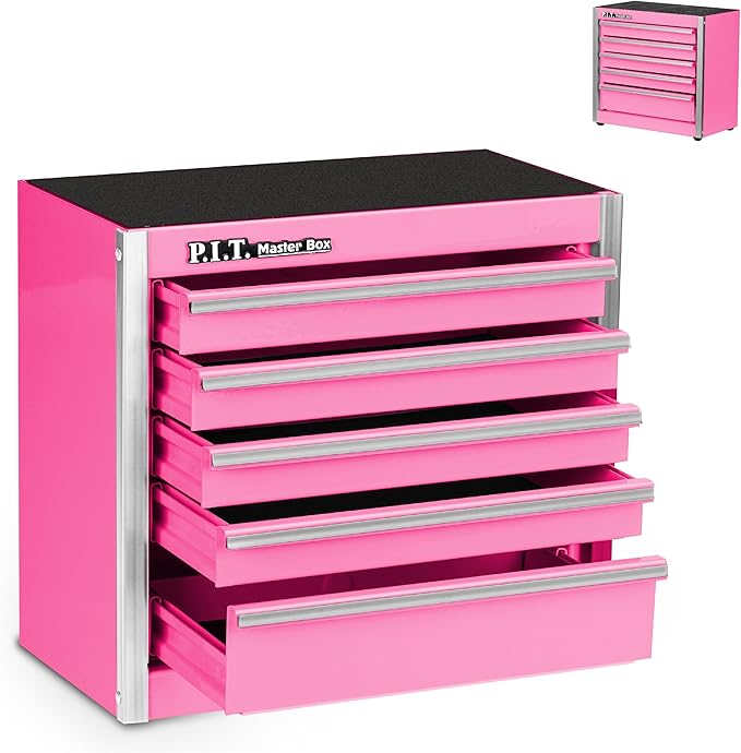 P.I.T. Mini Tool Box 8.6"W X 4.6"D, Portable 5-Drawer Micro Steel Stackable Toolbox with Liner, Pink Cute Tool Case for Small Tools Parts Storage, Home DIY