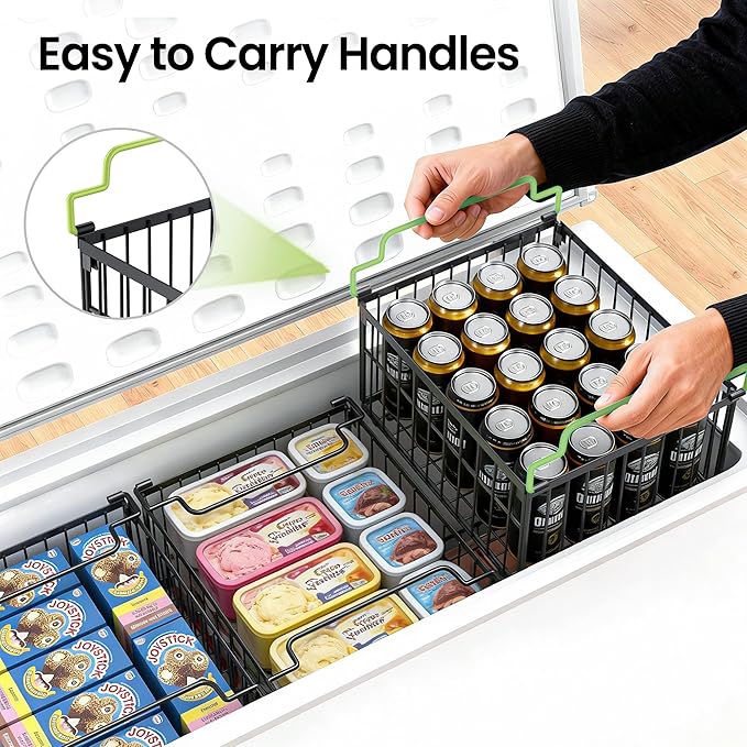 MSERCUOR Freezer Organizer Bins, 6 Pack Big Stackable Deep Chest Freezer Organizer Bins, Foldable Baskets with Handles, Black Storage Container Baskets for 5 to 9 Cu.FT Deep Freezer Sort Frozen Meats