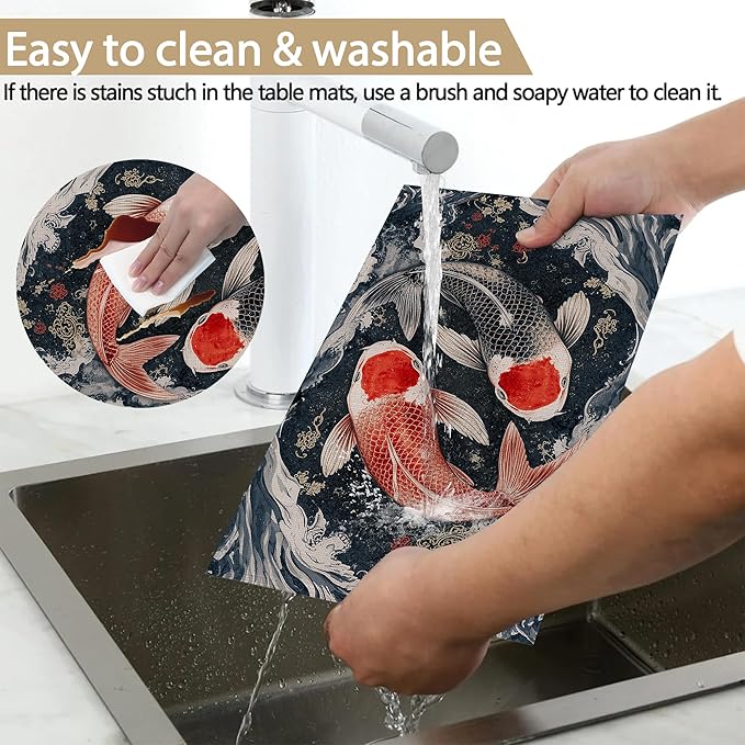 Janpanese Koi Fish Linen Placemats Set of 6, Decorative Table Mats 12x18 Inch, Washable Heat Resistant Placemats for Dining Table Kitchen Home Decor