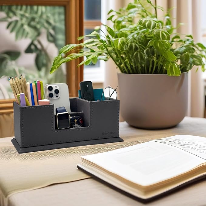 UnionBasic 4 Compartment Desk Organizer - Dual Pen Holder - Card/Pen/Pencil/Mobile Phone Office Supplies Holder (Grey)