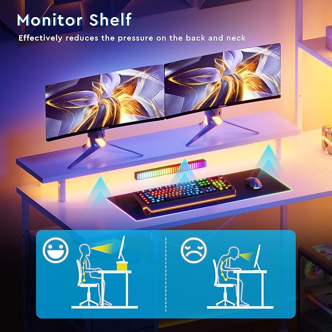 Maihail L Shaped Gaming Desk with Shelves,Reversible Computer Gaming Desk with LED Lights and Charging Station,Home Office Corner Desk with Monitor Stand,White