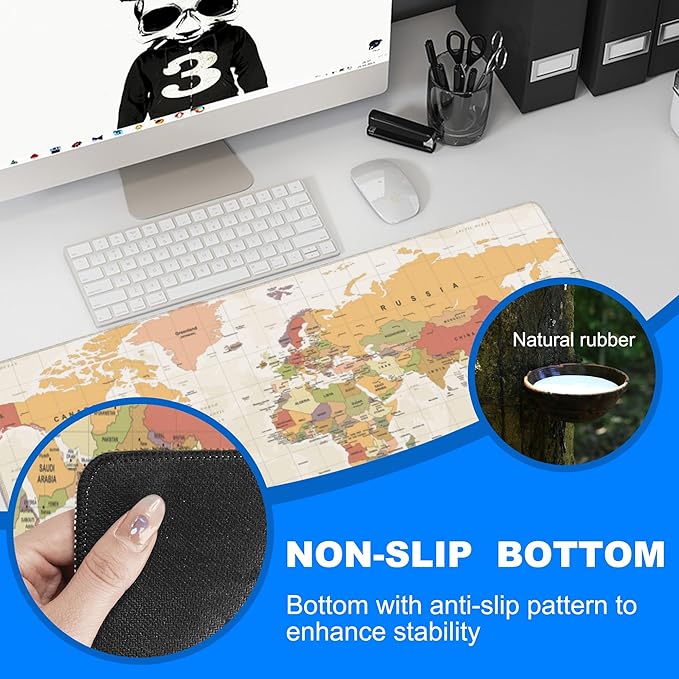 Desk Mat, Yellow Vintage World Map Extended Gaming Mouse Pad Large, 35.4"x15.7" Big Mouse Pad with Non-Slip Base and Stitched Edge, Long Computer Keyboard Mouse Mat for Home Office Work
