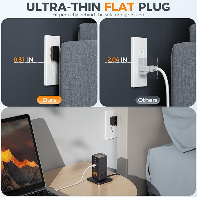 Charging Station for Multiple Devices 100W, TESSAN USB Fast GaN Station for iPhone 14/15, MacBook, Tablet, Type C Desktop Phone with 3 Outlets, Home Drom Office Accessories, Frosted Black, TS-CS03