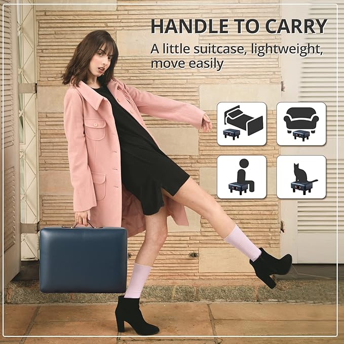 Small Foot Stool with Handle, Blue PU Leather Short Foot Stool Rest, Rectangle Storage Foot Stools Ottoman with Plastic Legs, Padded Footstool Small Step Stool for Living Room, Office, Desk, Patio