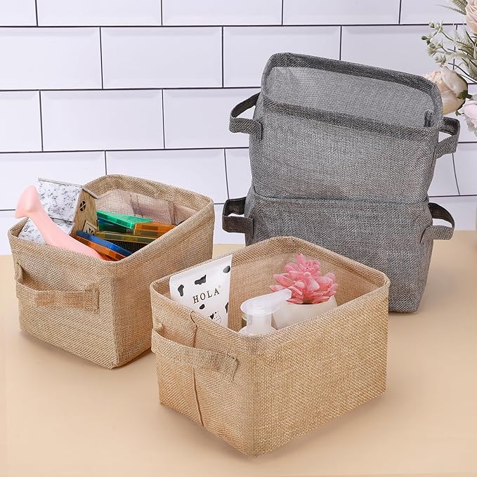 AARAINBOW Storage Basket Bins Canvas Mini Storage Cubes Storage Basket for Makeup, Baby Toys Liners, Books Nursery Storage Baskets with Handles for Shelves & Desks(3 Jute)