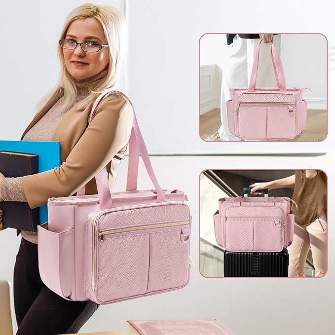 Teacher Tote Bag with Accordion File Organizer Pocket, Large Teacher Work Utility Bag for Women, Pink(Patent Design)