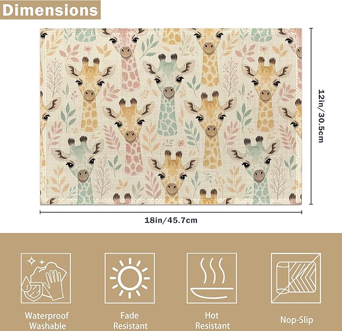 Placemats Set of 6, Animal Cute Giraffe Linen Placemats 12x18 Inch, Heat Resistant Table Mats, Washable Non Slip Place Mats for Dining Table Kitchen Home
