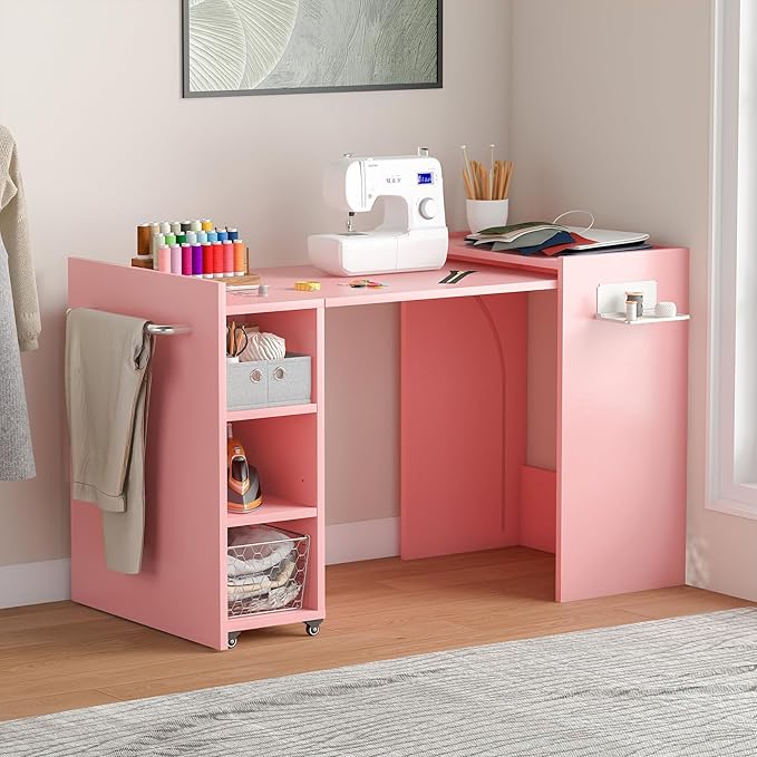 smilesun Folding Dining Table, Wall Mount Foldable Kitchen Table w/Fabric Drawer & Adjustable Storage Shelf, Space Saving Compact Expandable Pull Out Table for Small Spaces, Pink