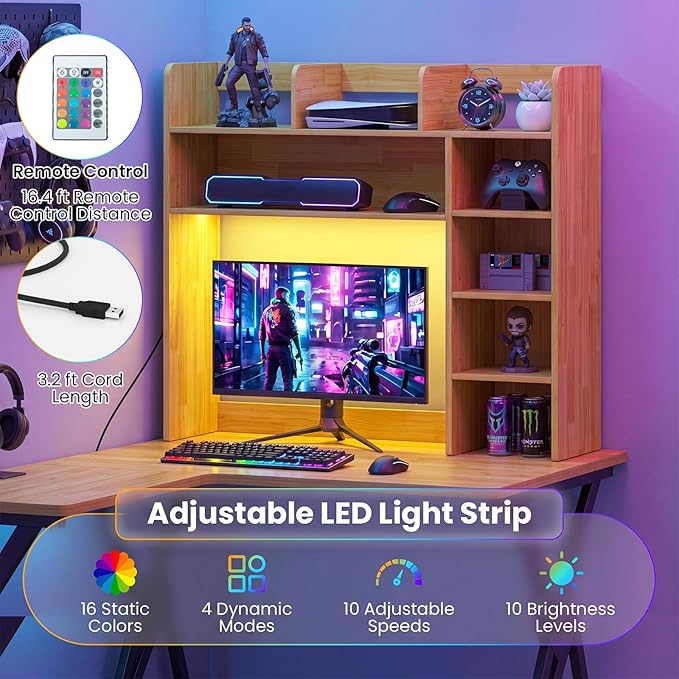 Tangkula Desktop Bookshelf with LED Lights, Desk Hutch with 8 Shelves for Max 25" Monitor, Desktop 5-Tier Display Rack, Wood Desktop Storage Hutch Organizer for Dorm Office Home, Burlywood