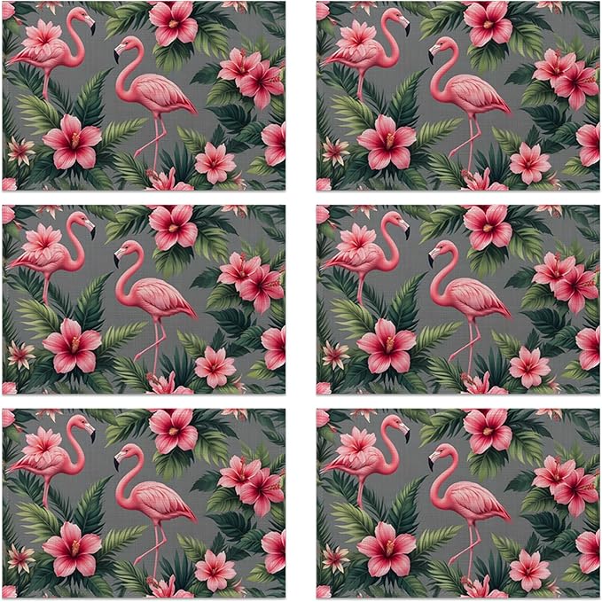 Tropical Pink Flamingo Placemats Set of 6 Linen Table Mats, 12x18 Inch Washable Placemats for Dining Table, Non Slip Heat Resistant Mats for Kitchen Home Decor