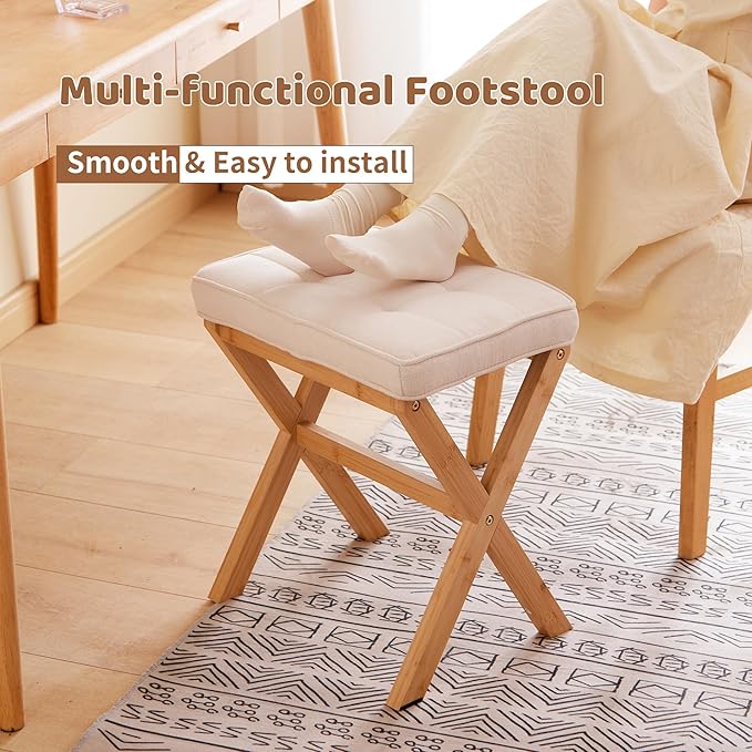Foot Stool Small Ottoman Foot Rest Padded Foot Stool Desk for Under Office Desk Vanity Stool Bamboo Footstool Sofa Footrest Shoe Stool Small Foot Stools (Natural Legs + Beige)
