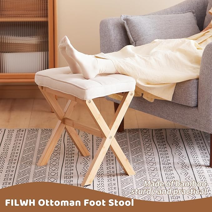 Foot Stool Small Ottoman Foot Rest Padded Foot Stool Desk for Under Office Desk Vanity Stool Bamboo Footstool Sofa Footrest Shoe Stool Small Foot Stools (Natural Legs + Beige)