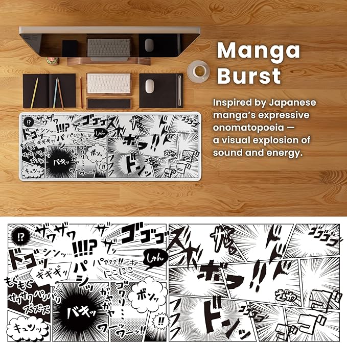BELLEMOND Japanese Art Desk Mat | Large 31.5x11.8in Anime Mouse Pad for Keyboard & Mouse | Non-Slip Base, Water-Repellent | Original Japanese Design | Manga Burst