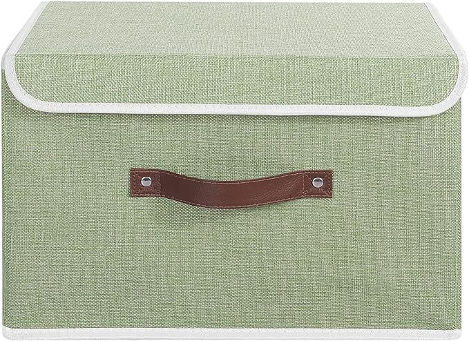 ANMINY Storage Bin with Lid Storage Boxes with PU Leather Handles PP Plastic Board Decorative Foldable Lidded Cotton Linen Fabric Home Cubes Baskets Closet Organizer Container - Green, Large Size