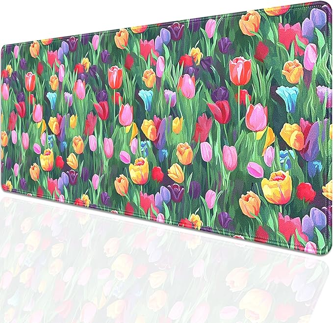 Colorful Tulip Flower Large Mouse Pad Desk Pad, 27.5x11.8in Vibrant Floral Garden Extended Desk Mat with Stitched Edges, Non-Slip Waterproof Rubber Base for Office, Computer & Laptop