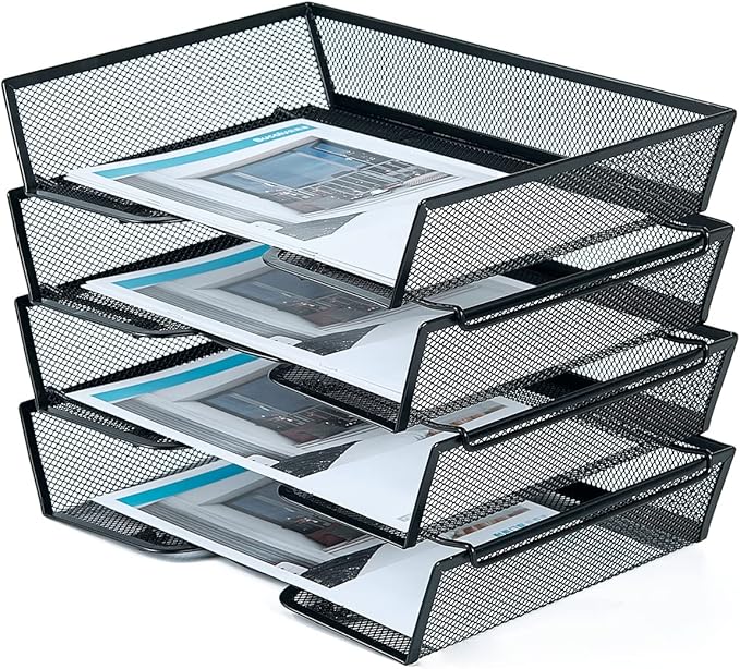 SETTFRFE 4 Tier Metal Mesh Desk Organizer-Stackable Paper Tray for Home, Office,School,Black File Storage System with Reinforced Edges