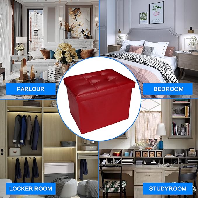 Bsketa Storage Ottoman, Folding Foot Stool with Thicker Foam Padded Seat Small Leather Storage Ottoman Bench Foot Rest for Living Room Foldable Coffee Table 17x13x13in,Red