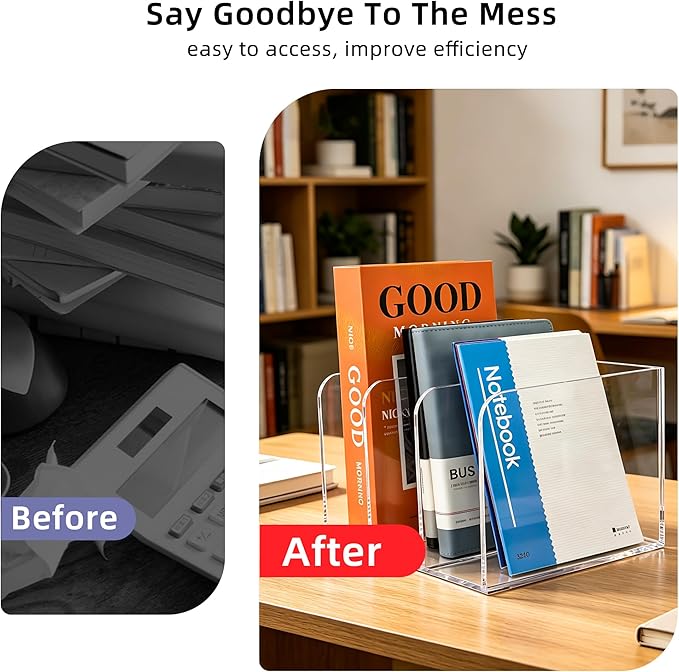 3-Slot Clear Acrylic Magazine File Holder – Vertical Desk Organizer for Books, Folders & Tablets, 8.97×7.48×6.69 Inches