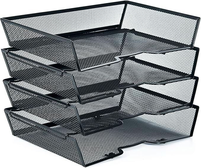 SETTFRFE 4 Tier Metal Mesh Desk Organizer-Stackable Paper Tray for Home, Office,School,Black File Storage System with Reinforced Edges