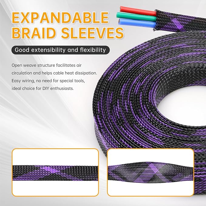 Braided Cable Sleeve, 33ft Expandable Wire Loom for Automotive Wiring Harness & PC Case, Pet-Proof Chew Resistant Cord Protector, Flexible Cable Management (Black-Purple, 8mm (5/16"))